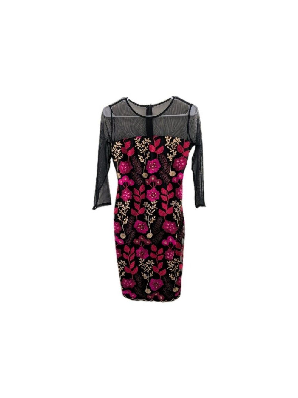 New York & Company Floral Embroidered Dress Small Black Pink Mesh Illusion Neck